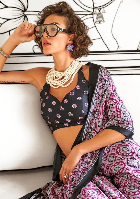 Purple Satin Crepe Printed Saree