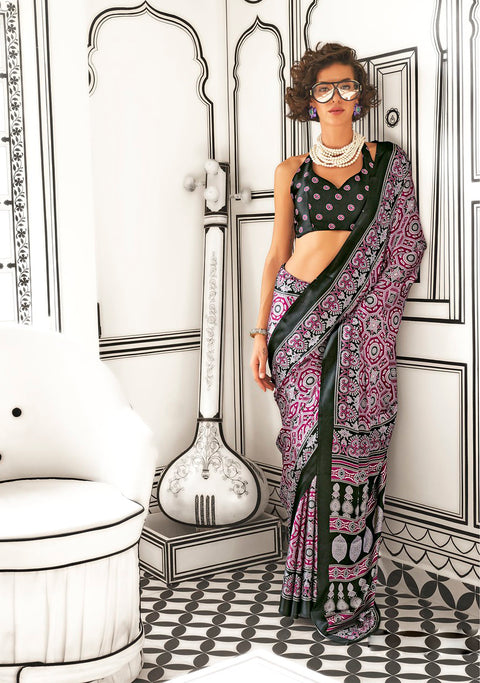 Purple Satin Crepe Printed Saree