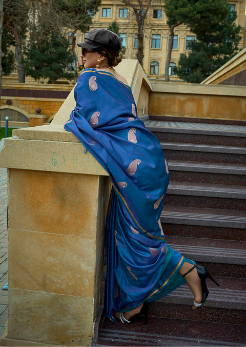 Royal Blue Woven Banarasi Satin Silk Saree With Brocade Blouse