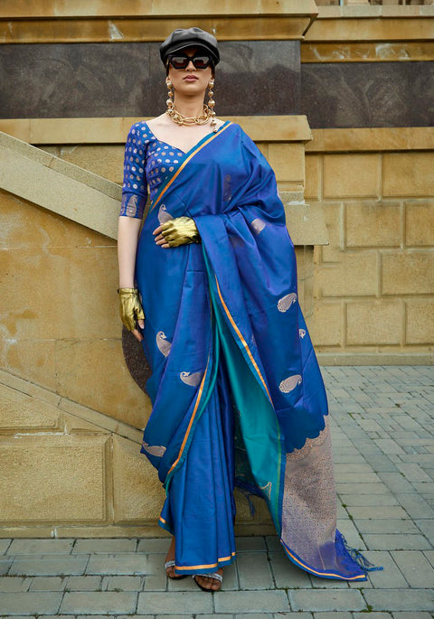 Royal Blue Woven Banarasi Satin Silk Saree With Brocade Blouse