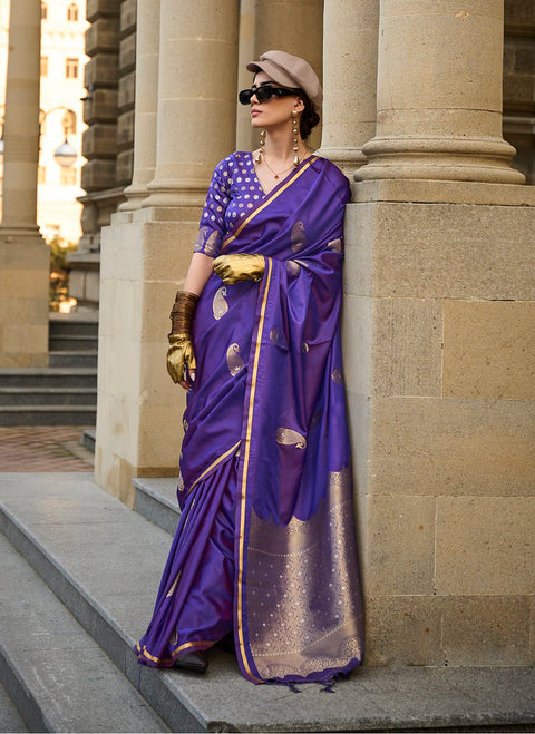 Purple Woven Banarasi Satin Silk Saree With Brocade Blouse
