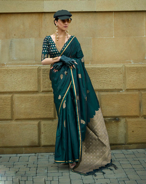 Green Woven Banarasi Satin Silk Saree With Brocade Blouse