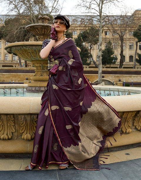 Deep Purple Woven Banarasi Satin Silk Saree With Brocade Blouse