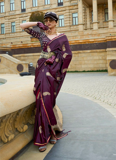 Deep Purple Woven Banarasi Satin Silk Saree With Brocade Blouse