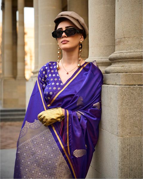 Purple Woven Banarasi Satin Silk Saree With Brocade Blouse