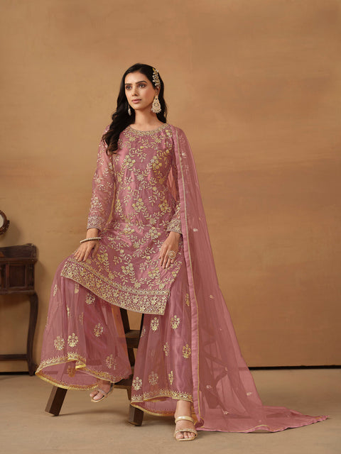 Twirling Pink Sequins Work Net Party Wear Sharara Suit