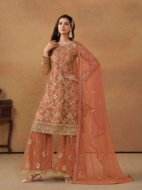Glamorous Orange Sequins Work Net Party Wear Sharara Suit