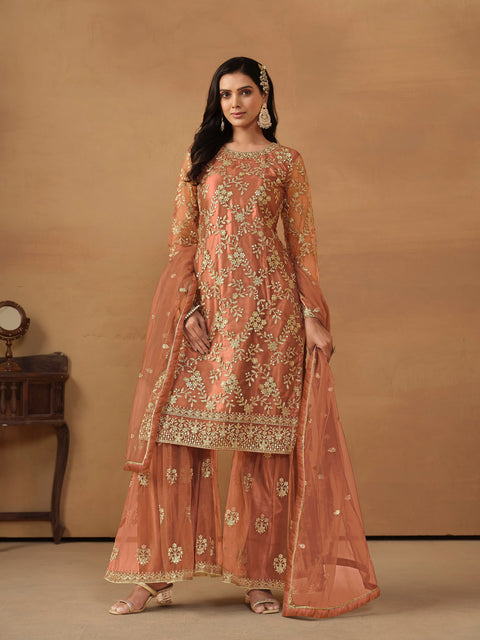 Glamorous Orange Sequins Work Net Party Wear Sharara Suit