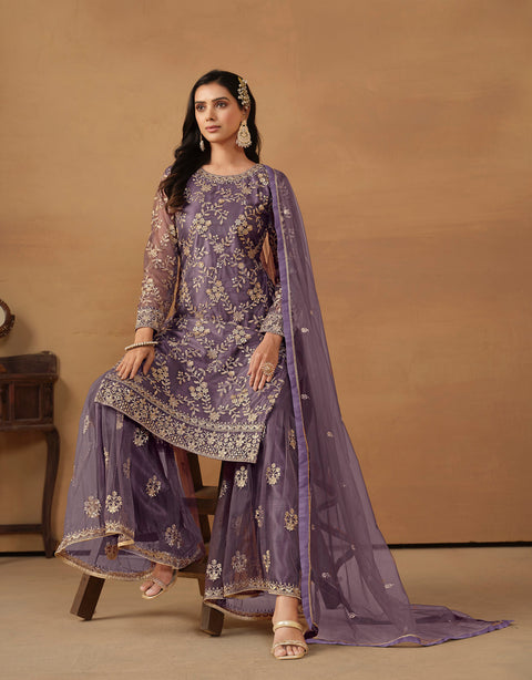 Pretty Purple Sequins Work Net Party Wear Sharara Suit