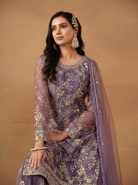 Pretty Purple Sequins Work Net Party Wear Sharara Suit
