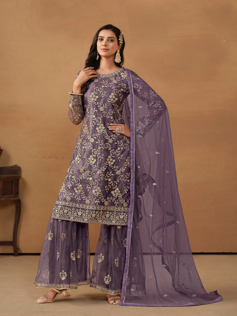 Pretty Purple Sequins Work Net Party Wear Sharara Suit