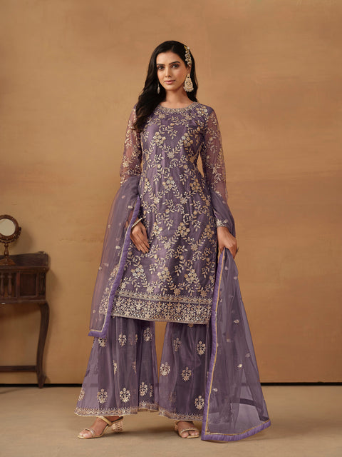 Pretty Purple Sequins Work Net Party Wear Sharara Suit