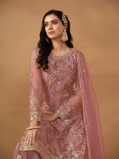 Twirling Pink Sequins Work Net Party Wear Sharara Suit