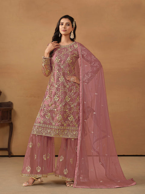 Twirling Pink Sequins Work Net Party Wear Sharara Suit