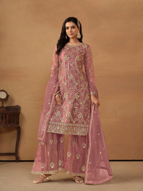 Twirling Pink Sequins Work Net Party Wear Sharara Suit