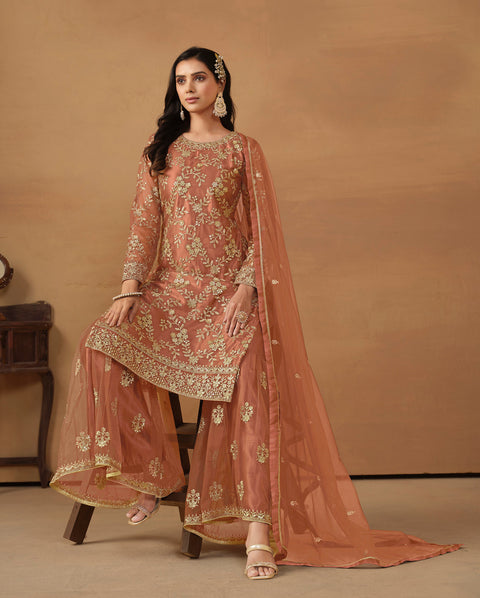 Glamorous Orange Sequins Work Net Party Wear Sharara Suit