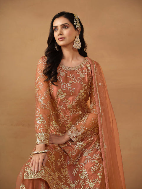 Glamorous Orange Sequins Work Net Party Wear Sharara Suit