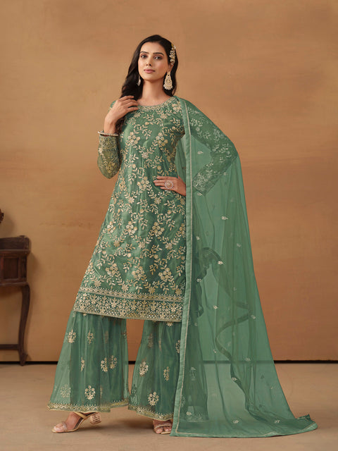 Stunning Turquoise Green Sequins Work Net Party Wear Sharara Suit