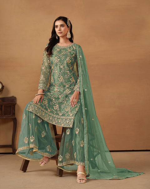 Stunning Turquoise Green Sequins Work Net Party Wear Sharara Suit