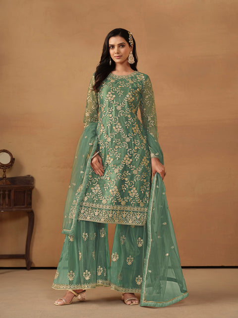 Stunning Turquoise Green Sequins Work Net Party Wear Sharara Suit