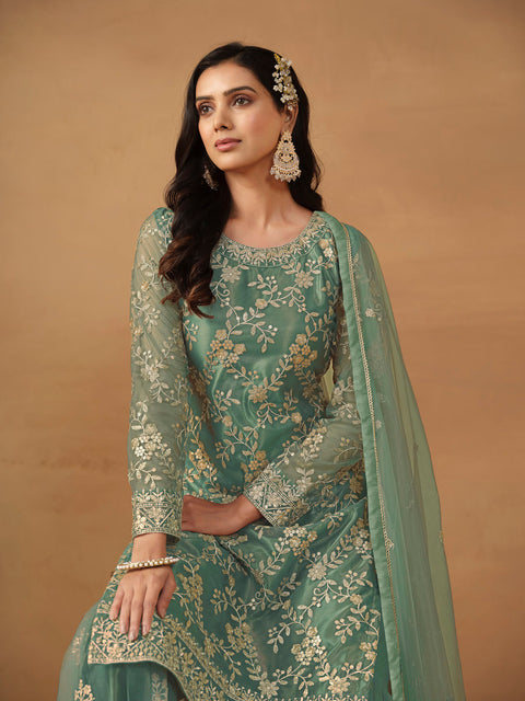 Stunning Turquoise Green Sequins Work Net Party Wear Sharara Suit