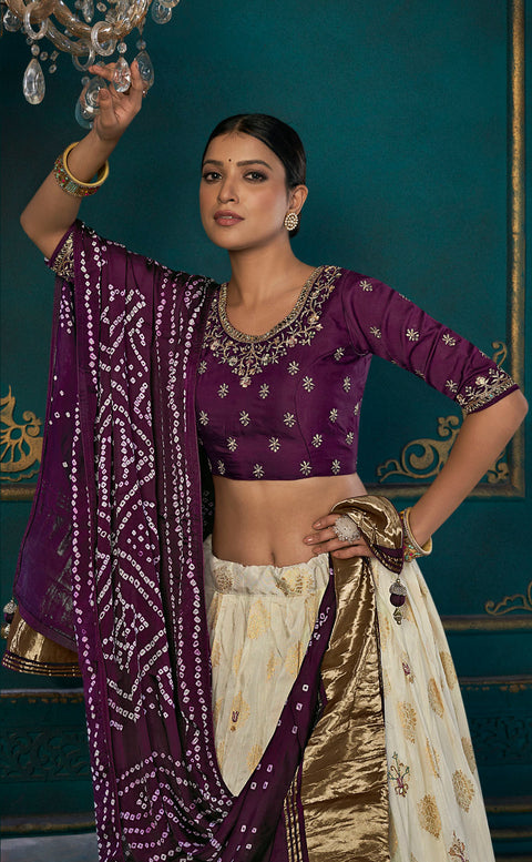 Stunning Purple & White Silk Festival Wear Lehenga Choli