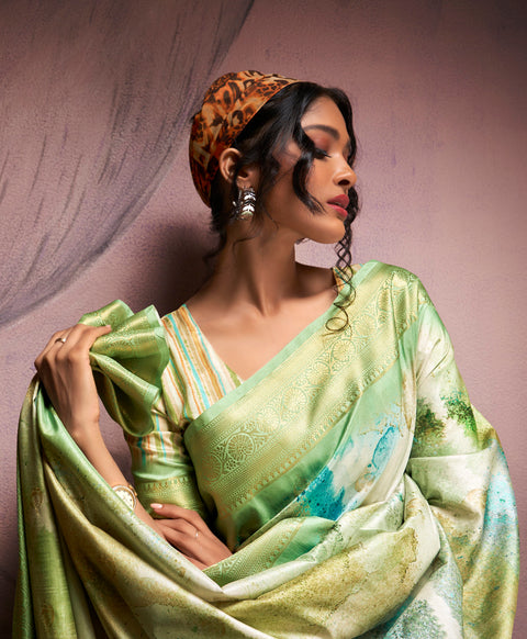 Green Soft Silk Saree With Digital Print