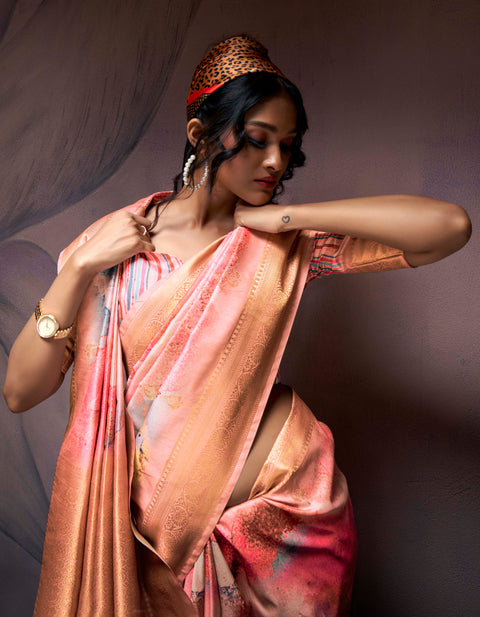 Peach Soft Silk Saree With Digital Print