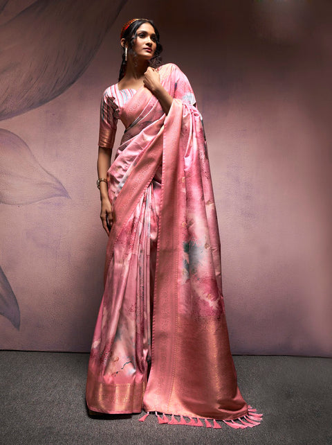 Pink Soft Silk Saree With Digital Print