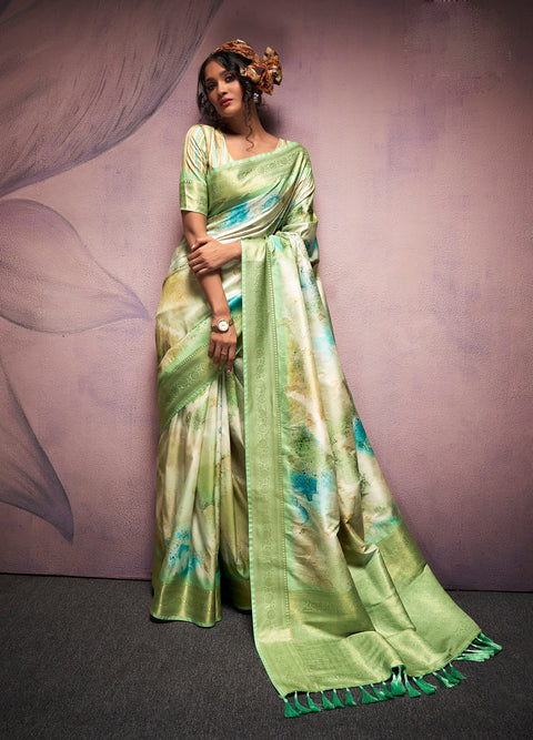 Green Soft Silk Saree With Digital Print