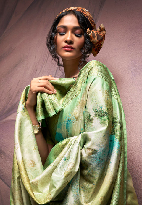 Green Soft Silk Saree With Digital Print