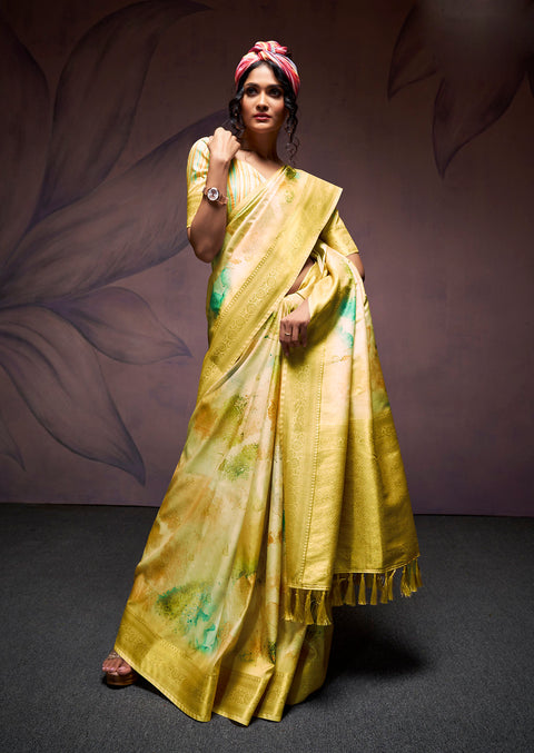 Yellow Soft Silk Saree With Digital Print