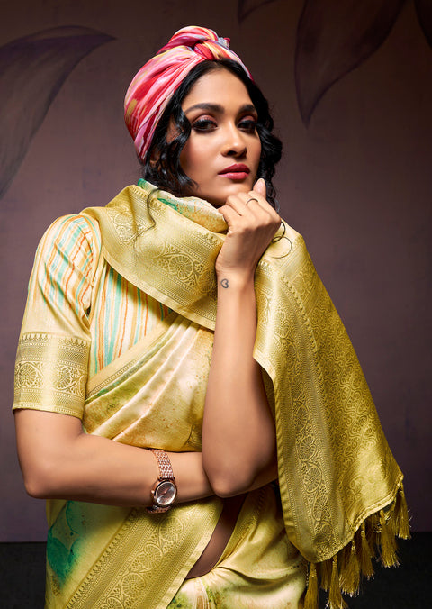 Yellow Soft Silk Saree With Digital Print