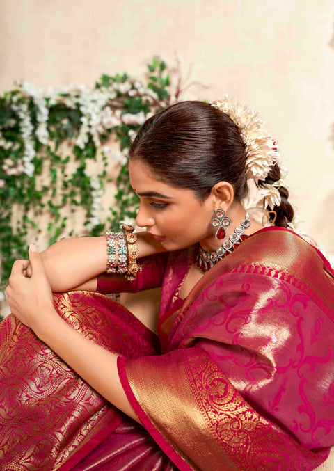 Virtual Pink Banarasi Woven Soft Silk Saree