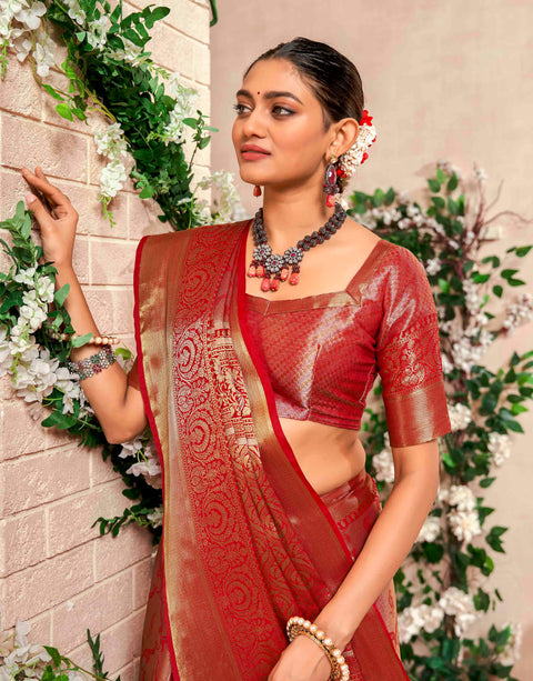 Red Banarasi Woven Soft Silk Saree