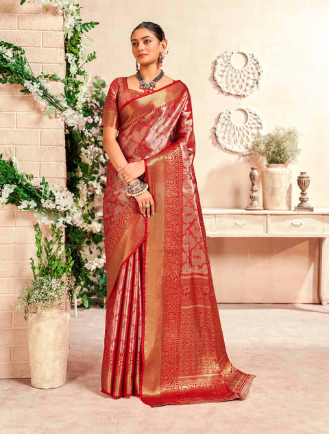 Red Banarasi Woven Soft Silk Saree