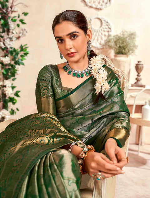 Olive Green Banarasi Woven Soft Silk Saree