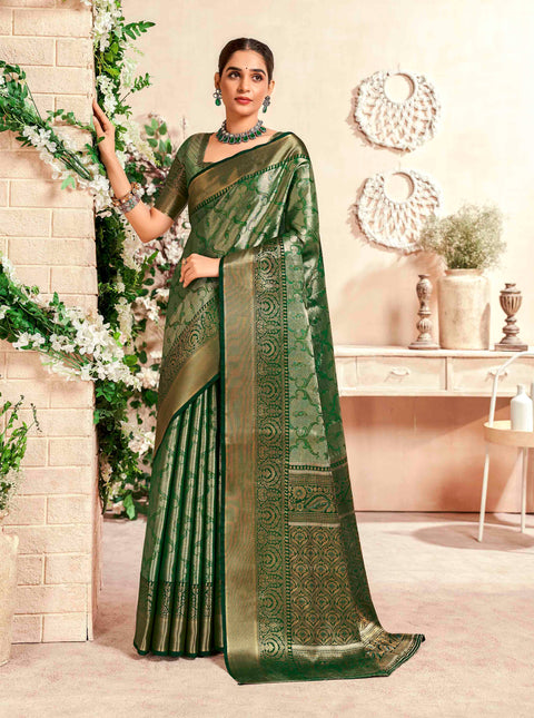 Olive Green Banarasi Woven Soft Silk Saree