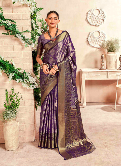 Purple Banarasi Woven Soft Silk Saree