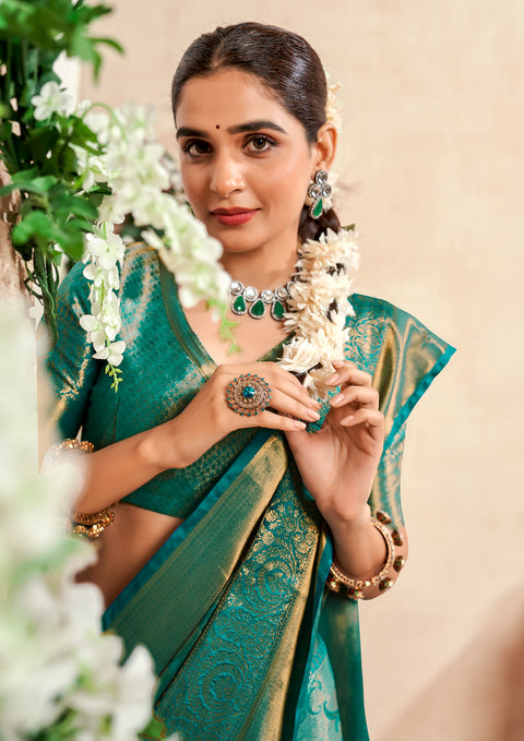 Teal Green Banarasi Woven Soft Silk Saree