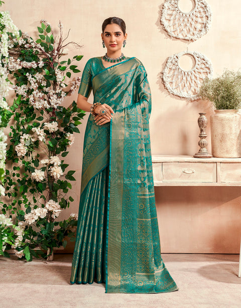 Teal Green Banarasi Woven Soft Silk Saree