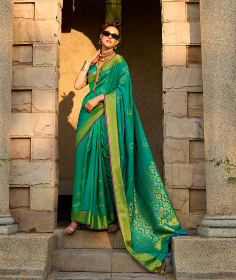 Natural Green Woven Banarasi Soft Silk Saree