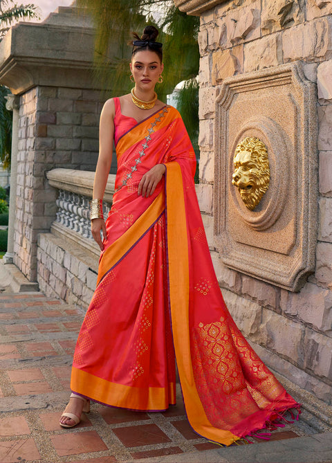 Vibrant Peach Woven Banarasi Soft Silk Saree