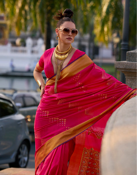 Raspberry Pink Woven Banarasi Soft Silk Saree