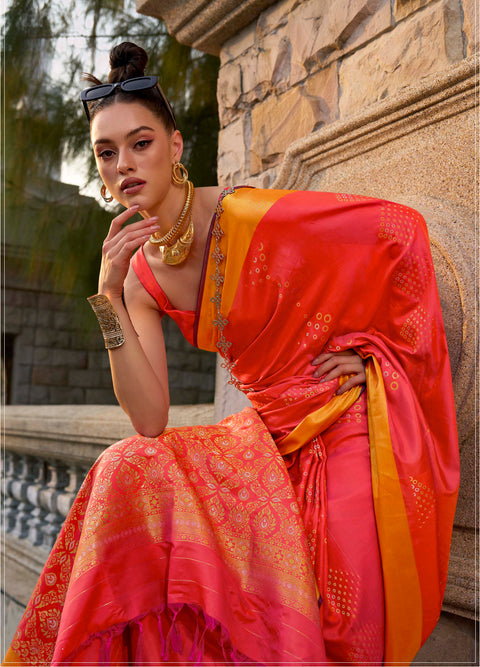 Vibrant Peach Woven Banarasi Soft Silk Saree