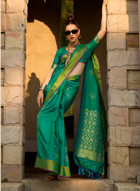 Natural Green Woven Banarasi Soft Silk Saree