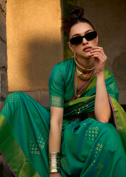 Natural Green Woven Banarasi Soft Silk Saree