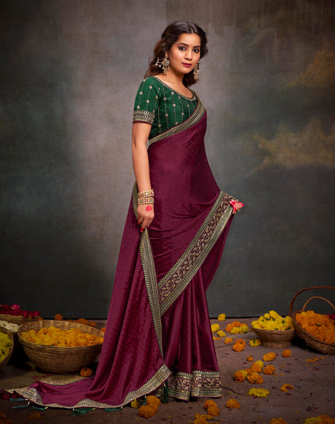 Deep Wine Soft Satin Silk Swarovski Work Saree