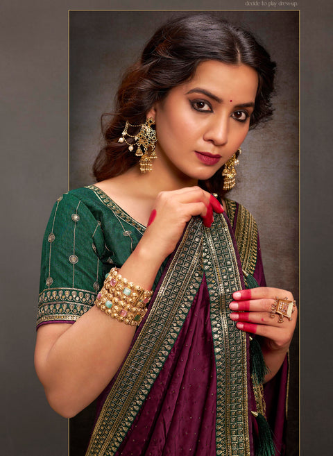 Deep Wine Soft Satin Silk Swarovski Work Saree