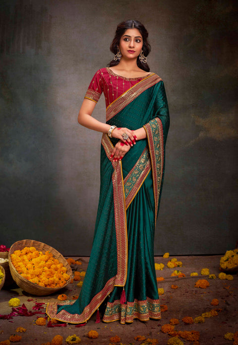 Dark Rama Green Soft Satin Silk Swarovski Work Saree